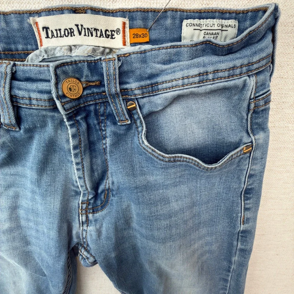 Tailor Vintage Canaan Jeans Mens 28x30 Slim Fit Comfort Stretch Blue Solid Denim